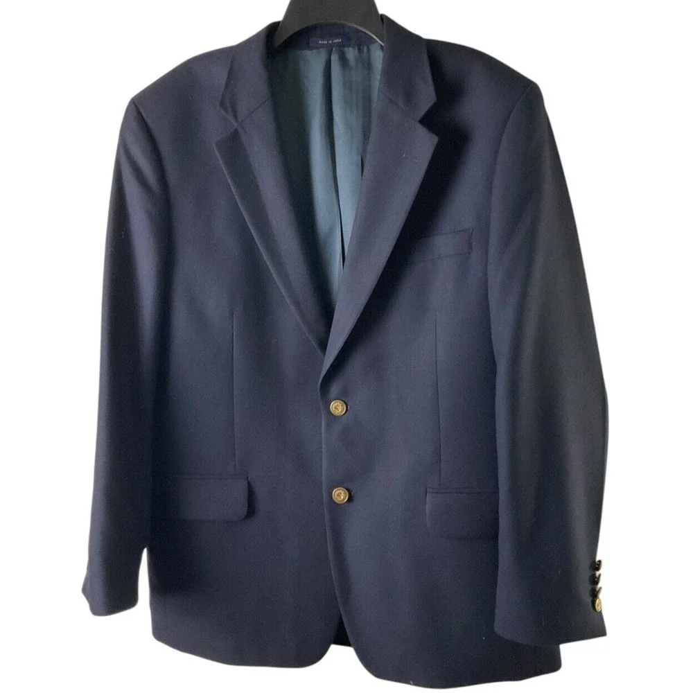 Club Room Mens Navy Blue 100% Wool Blazer Gold Crest Buttons Size 43 Regular